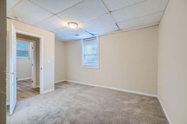 empty room featuring a paneled ceiling and carpet