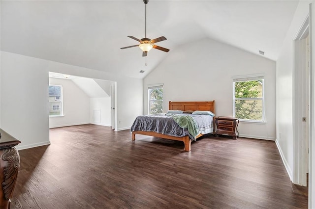 4515 Ambassador Way, Cumming, GA 30040 - bedroom with vaulted ceiling, multiple windows, dark wood-type flooring, and a ceiling fan