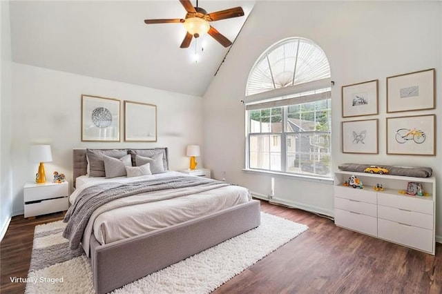 4515 Ambassador Way, Cumming, GA 30040 - bedroom featuring high vaulted ceiling, dark wood finished floors, baseboards, and a ceiling fan