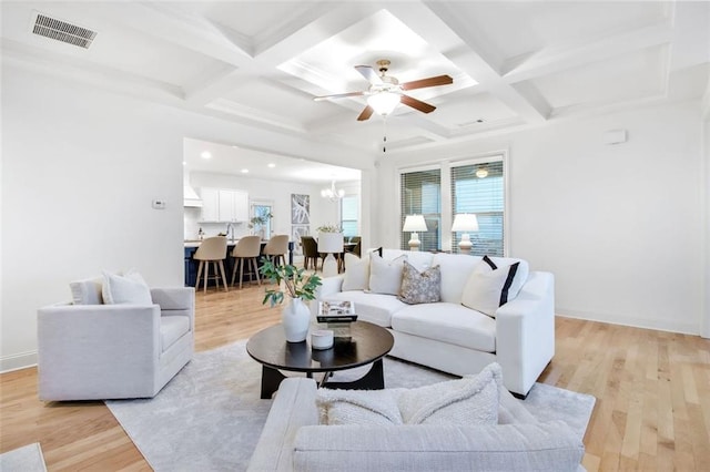 living room with beamed ceiling, coffered ceiling, and ceiling fan with notable chandelier