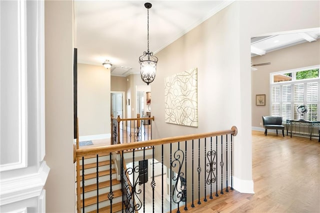 corridor with wood finished floors, ornamental molding, an upstairs landing, beamed ceiling, and baseboards