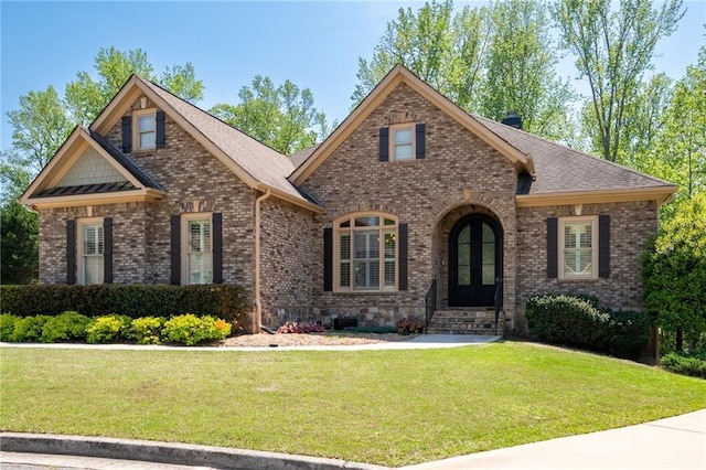 view of front of home featuring brick siding, roof with shingles, and a front lawn