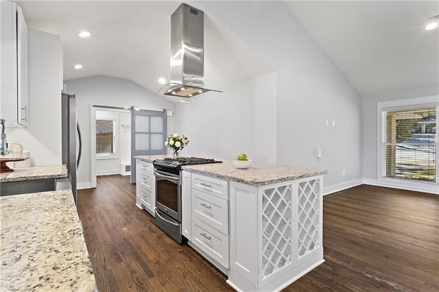 4178 Castle Pines Ct, Tucker, GA 30084 - kitchen featuring stainless steel appliances, extractor fan, a barn door, lofted ceiling, and dark wood finished floors