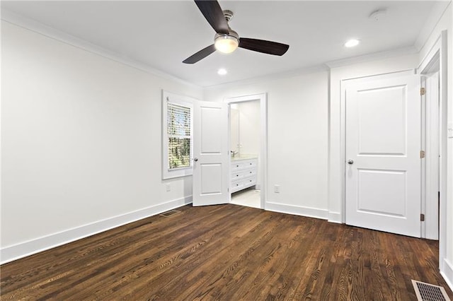 4178 Castle Pines Ct, Tucker, GA 30084 - unfurnished bedroom with crown molding, dark wood-type flooring, baseboards, recessed lighting, and ceiling fan