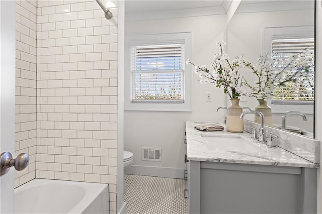 4178 Castle Pines Ct, Tucker, GA 30084 - bathroom featuring toilet, baseboards, ornamental molding, healthy amount of natural light, and vanity