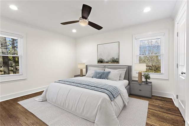 4178 Castle Pines Ct, Tucker, GA 30084 - bedroom featuring ornamental molding, dark wood-style floors, recessed lighting, baseboards, and ceiling fan