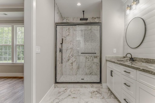 961 Goat Rd NW, Resaca, GA 30735 - full bath with baseboards, vanity, a shower stall, marble look tile flooring, and recessed lighting