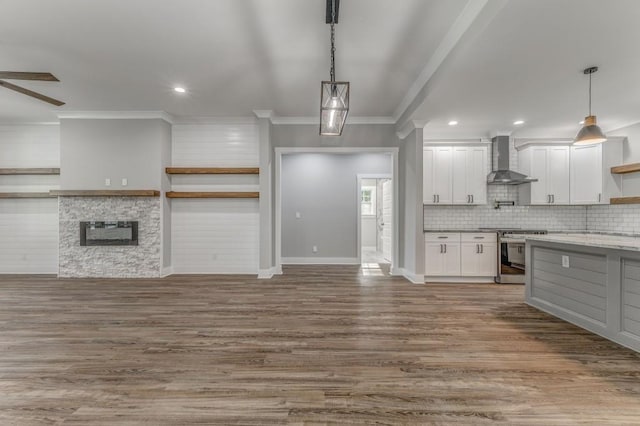 961 Goat Rd NW, Resaca, GA 30735 - kitchen featuring stainless steel range oven, wall chimney range hood, open shelves, ceiling fan, and ornamental molding