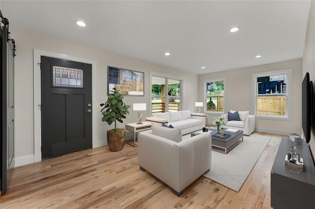 living room with light hardwood / wood-style floors and a barn door