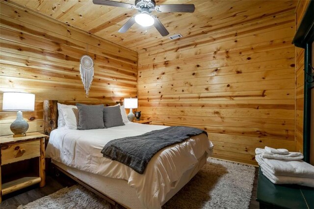 bedroom featuring wooden ceiling, ceiling fan, wooden walls, and dark hardwood / wood-style floors