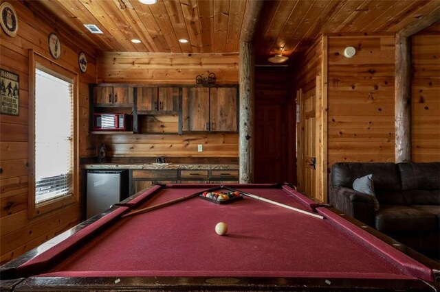 recreation room featuring wooden walls, wood ceiling, and pool table