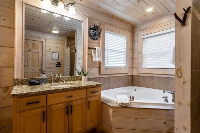 bathroom with vanity, wood walls, wood ceiling, and independent shower and bath