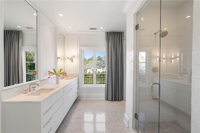 bathroom with vanity, tile patterned floors, and an enclosed shower