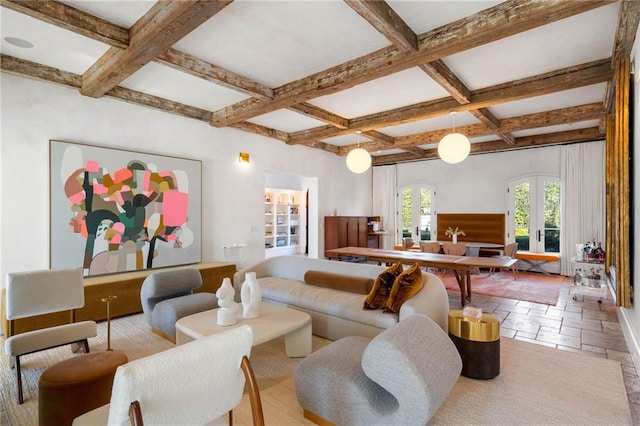 game room featuring beamed ceiling, french doors, and coffered ceiling