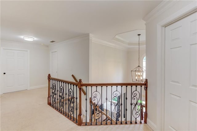 corridor featuring a tray ceiling, ornamental molding, a chandelier, and light colored carpet