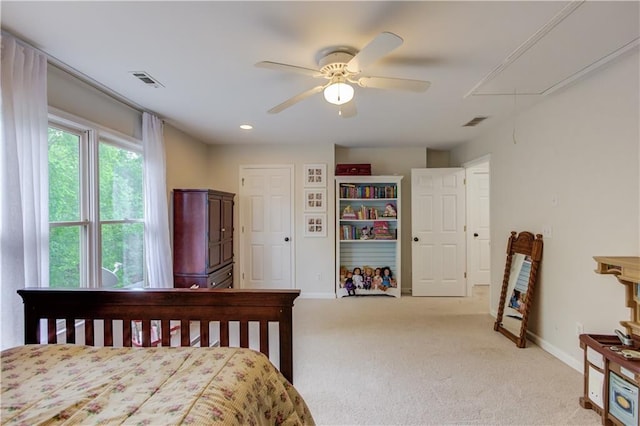 carpeted bedroom featuring ceiling fan