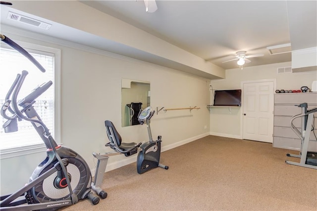 workout area with light carpet and ceiling fan