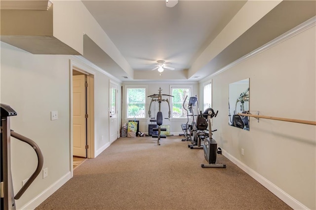 workout room featuring a raised ceiling, ceiling fan, and light carpet