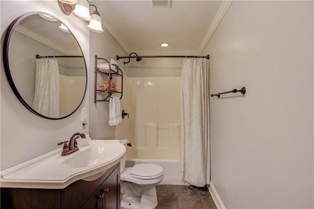 full bathroom with vanity, shower / bath combo with shower curtain, tile flooring, toilet, and crown molding