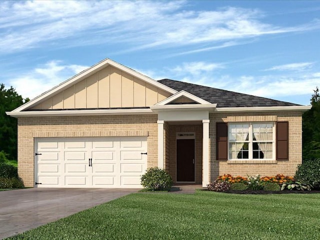 view of front facade with brick siding, a front lawn, a garage, and driveway