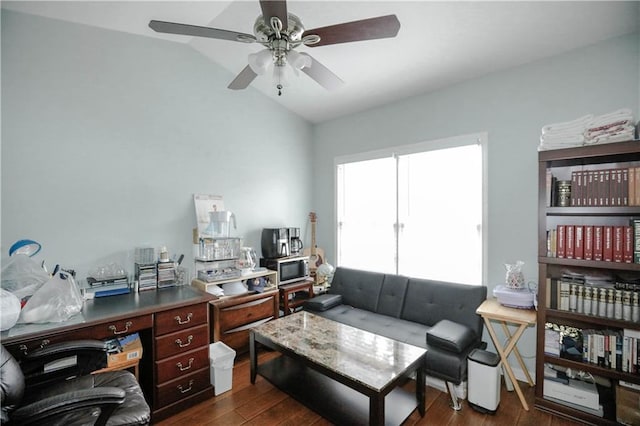 4000 Longlake Dr, Duluth, GA 30097 - office area with dark wood finished floors, a ceiling fan, and vaulted ceiling
