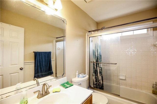 4000 Longlake Dr, Duluth, GA 30097 - full bathroom with toilet, vanity, bath / shower combo with glass door, and wainscoting