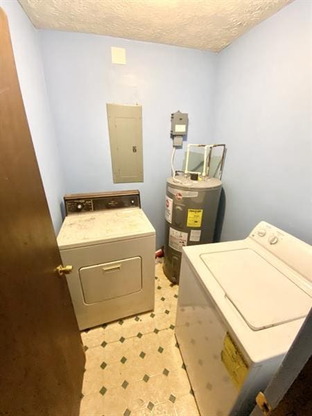 laundry area featuring a textured ceiling, laundry area, separate washer and dryer, water heater, and electric panel