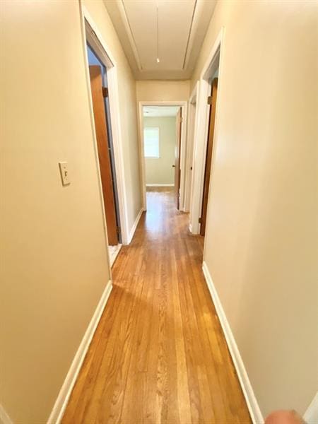 hall featuring attic access, baseboards, and light wood finished floors