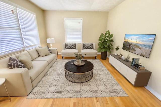 living room featuring light wood finished floors, plenty of natural light, and baseboards