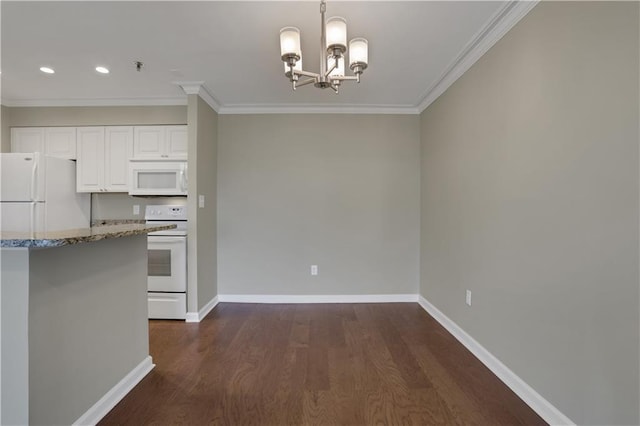 kitchen featuring dark hardwood / wood-style flooring, stone counters, white appliances, a chandelier, and white cabinets