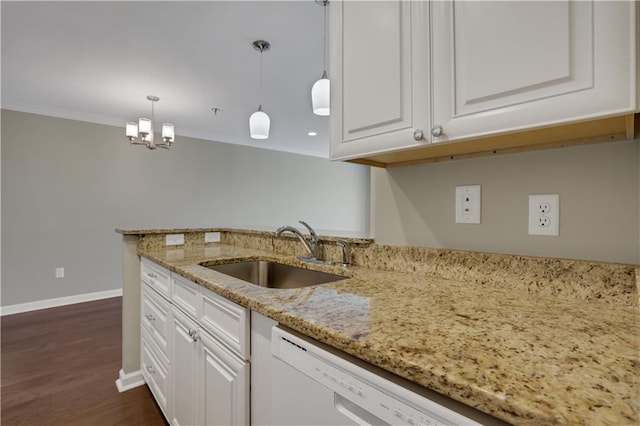 kitchen with dark wood-type flooring, white cabinets, light stone countertops, white dishwasher, and sink