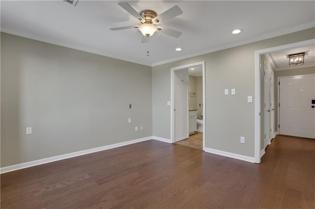 unfurnished room with ceiling fan, hardwood / wood-style flooring, and ornamental molding