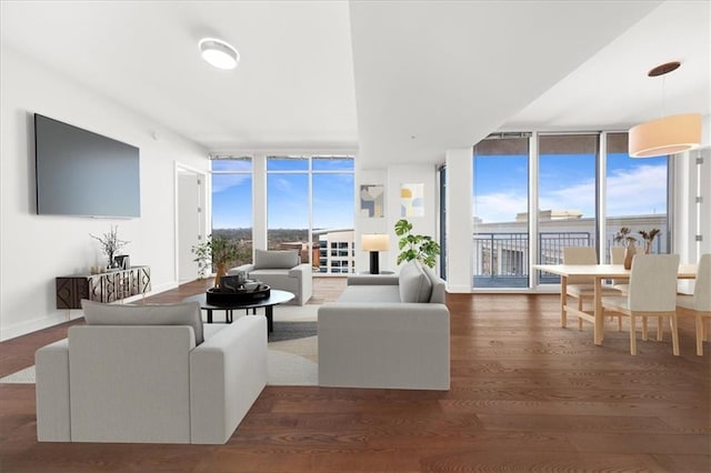 living room featuring a wall of windows, dark hardwood / wood-style flooring, and a wealth of natural light