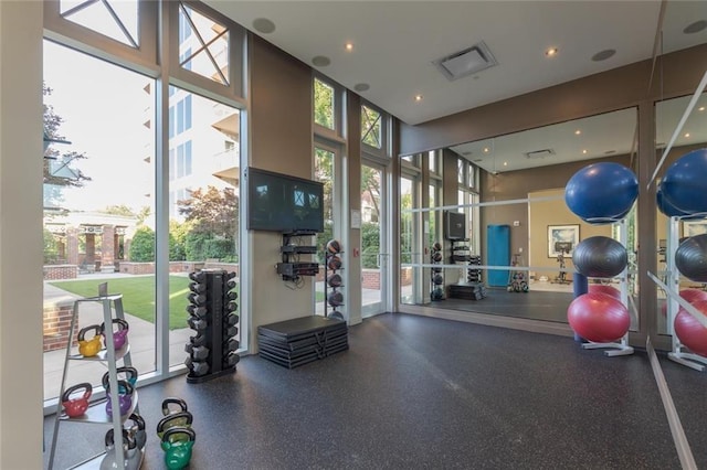 workout area with a towering ceiling and floor to ceiling windows