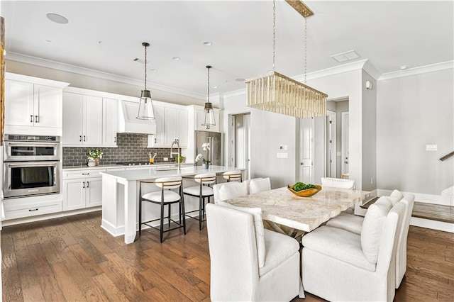 dining area with stairs, dark wood-style flooring, recessed lighting, and crown molding