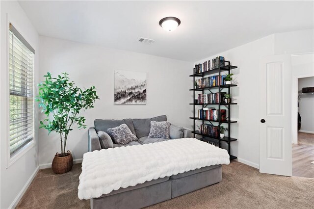 carpeted bedroom featuring visible vents, baseboards, and multiple windows