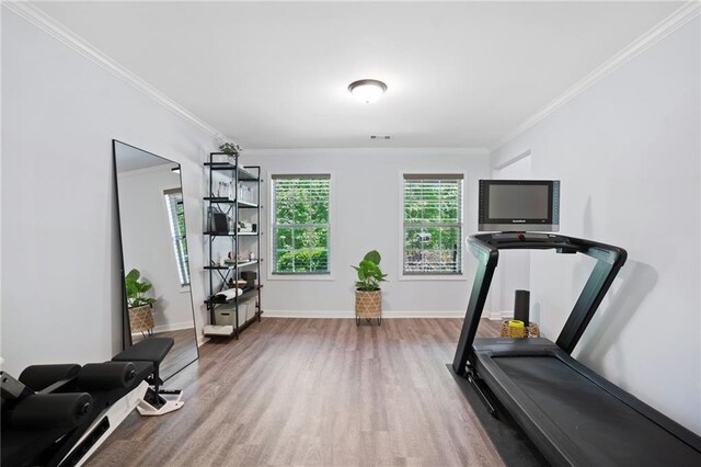 workout area with baseboards, ornamental molding, wood finished floors, and visible vents