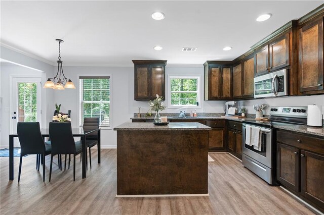 kitchen with visible vents, light wood-style floors, dark brown cabinets, and stainless steel appliances