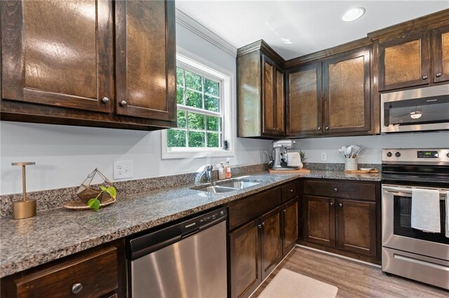 kitchen with light wood-type flooring, a sink, appliances with stainless steel finishes, and dark brown cabinets