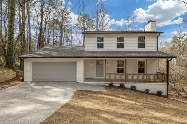 view of front facade featuring an attached garage, covered porch, a chimney, and concrete driveway