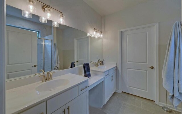 6003 Rollingwood Way, Hoschton, GA 30548 - bathroom with double vanity, a shower stall, and tile patterned floors