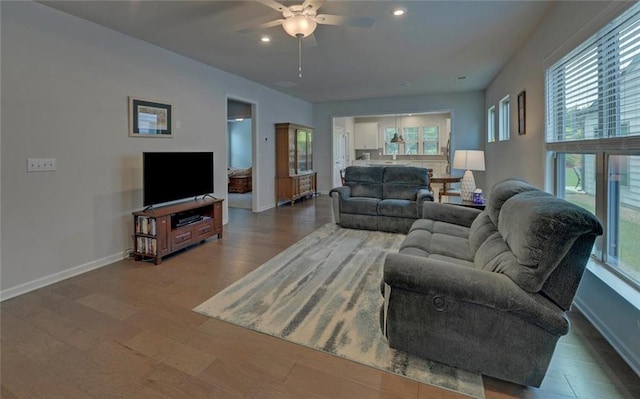 6003 Rollingwood Way, Hoschton, GA 30548 - living room with ceiling fan, recessed lighting, and wood finished floors
