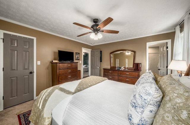 carpeted bedroom with ceiling fan, ornamental molding, and a textured ceiling