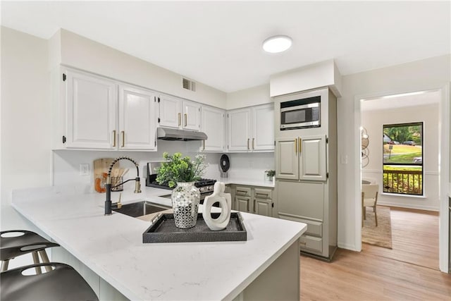 5759 Albans Way, Lithonia, GA 30058 - kitchen with under cabinet range hood, stainless steel microwave, a sink, a peninsula, and a kitchen breakfast bar