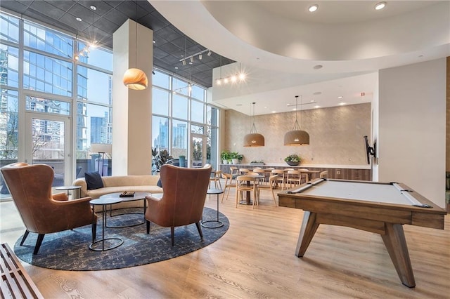 building lobby with a city view