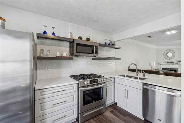 kitchen with white cabinetry, sink, ornamental molding, stainless steel appliances, and dark wood-type flooring