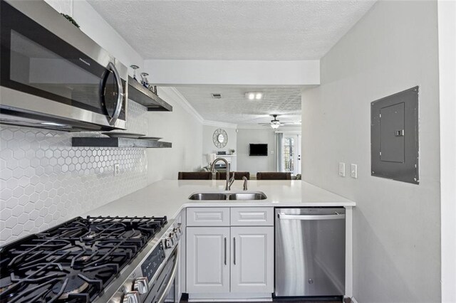 kitchen featuring sink, electric panel, stainless steel appliances, decorative backsplash, and white cabinets