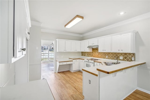 kitchen featuring light wood finished floors, backsplash, a sink, under cabinet range hood, and white gas range oven