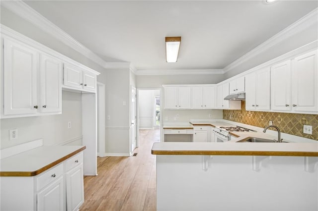 kitchen with ornamental molding, a sink, a breakfast bar, and under cabinet range hood