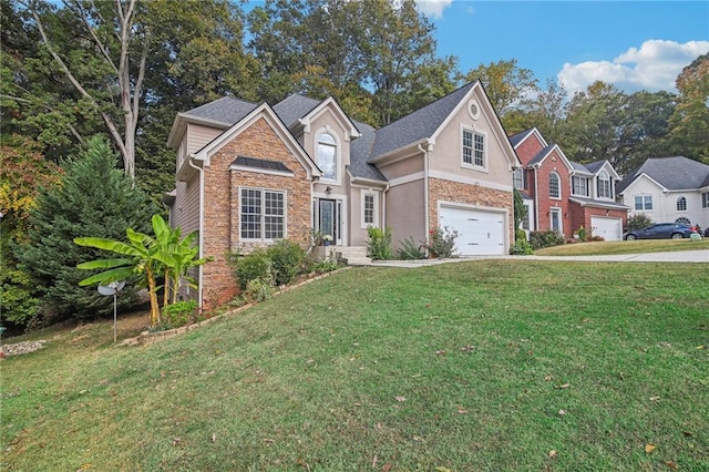 traditional-style house featuring a garage, stone siding, driveway, stucco siding, and a front yard